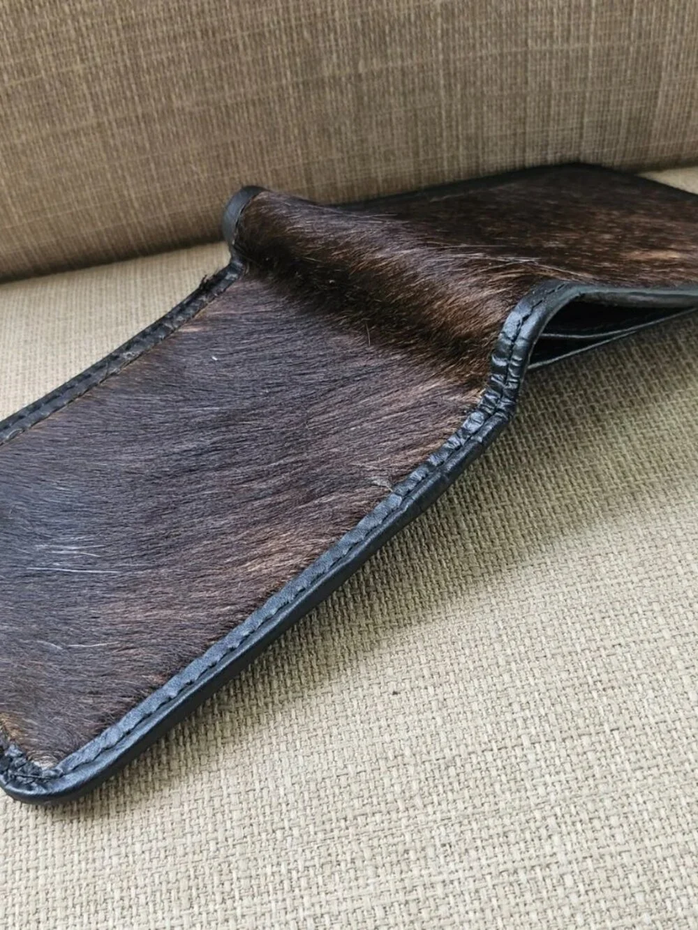 Fur Billfold Wallet Black Genuine Leather Real Fur Hair Cardholder Handmade